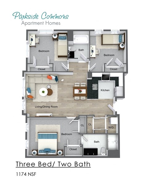 Floor plan for 3 beds, 2 baths, 1174 sqft